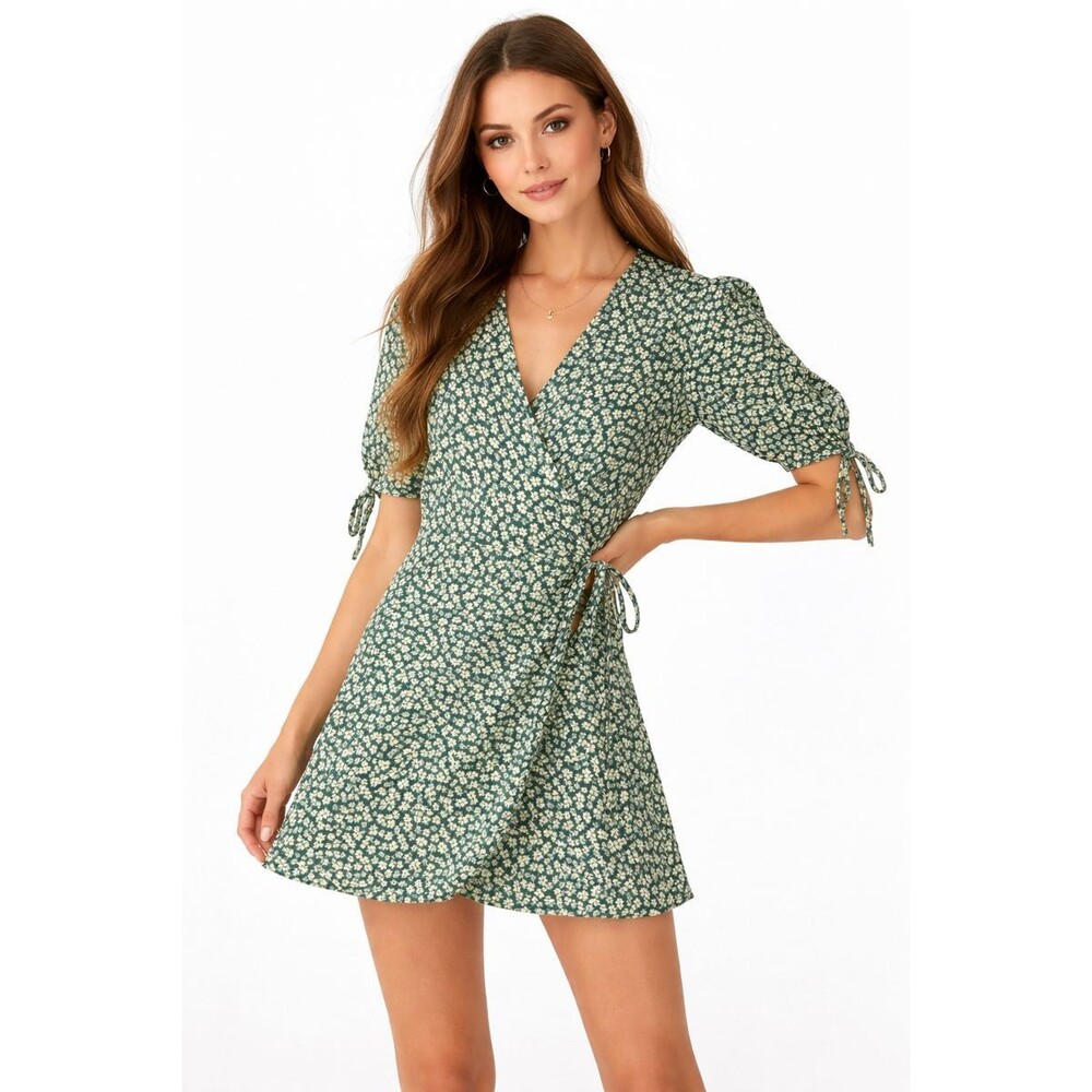 Reformation Green Floral Wrap Mini Dress Size Small Tie Sleeve V-Neck